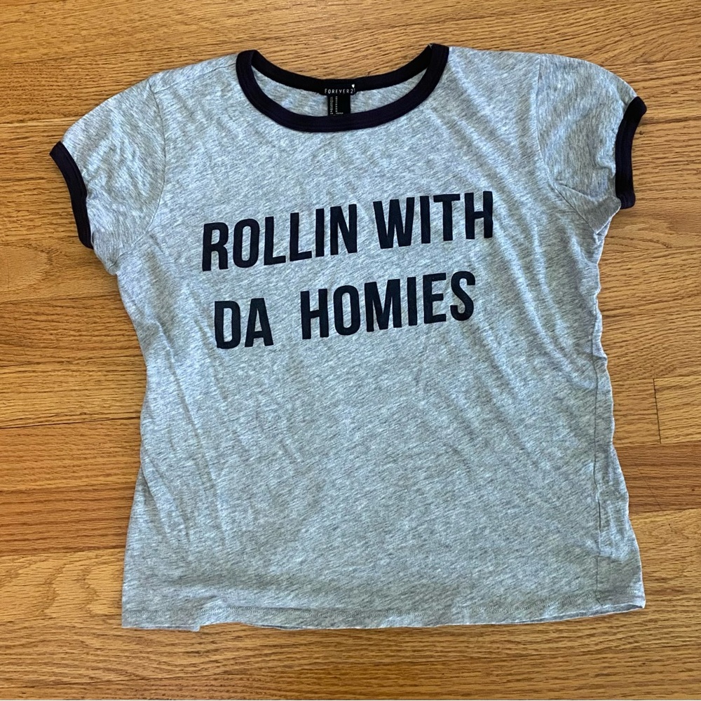Forever 21 Tshirt Women’s Medium Gray “Rollin With Da Homies” Ringer Tee Cropped